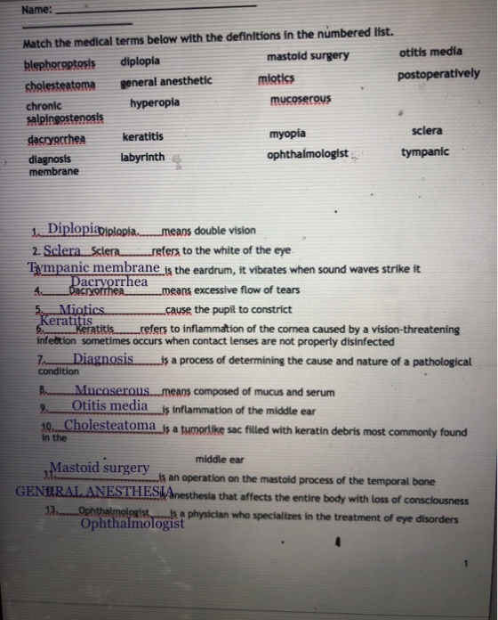 Name: Match the medical terms below with the definitions in the numbered list. otitis media mastoid surgery diplopia blephoro