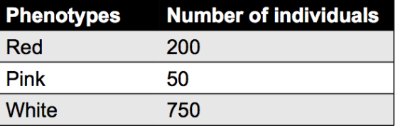 Number of individuals Phenotypes Red 200 50 Pink White 750