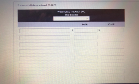 Prepare a trial balance on March 31, 2022 WILDHORSE THEATER INC. Trial Balance Debit Credit