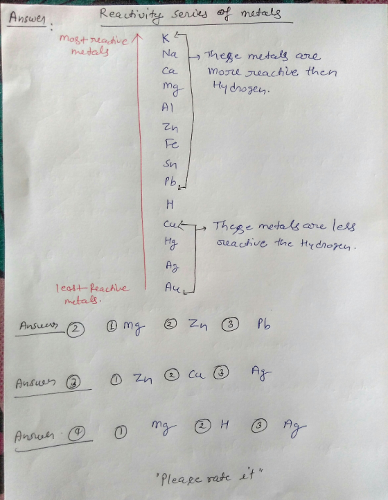 Answer Reactivity series of metals Most reactive metals a KH Na ca f Thege metals are I more reactive then. Hydrogen. cut & T