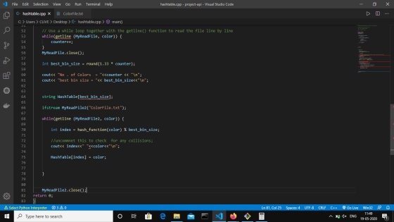 File Edit Selection View Go Run Terminal Help hashtable.cpp - project-api - Visual Studio Code х } G+ hashtable.cpp X E Color