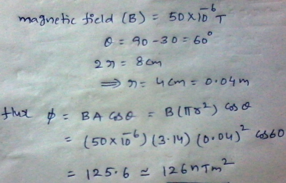 -6 magnetic field [B) = 50X10 T O = 90 -30 = 60° 27 8cm - 4cm = 0.04 m flud P-BASO BLIT82) Cosco (50x106) (3.14) 10.04) 6560