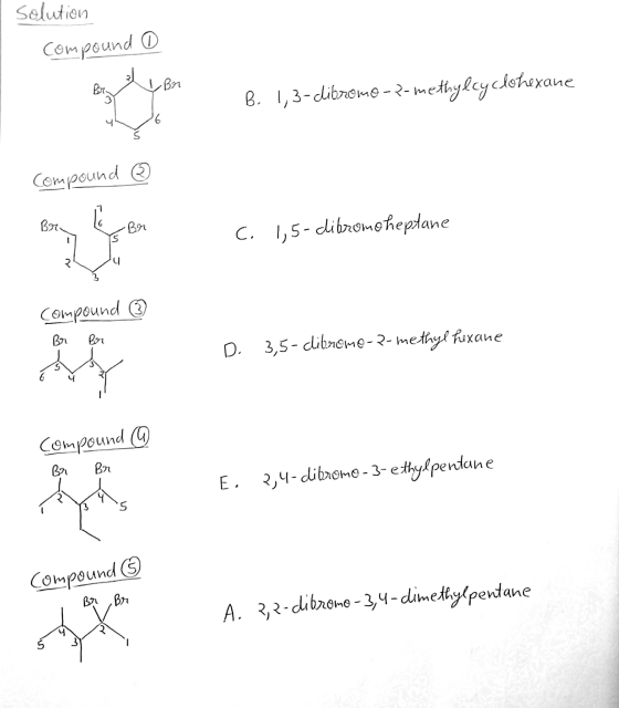 Solution Compound 0 Br. I Br B. 1,3-dibromo-2-methyley Ishexane Compound & Br. -Br c. 1,5- dibromoheptane २ compound Br Br D.