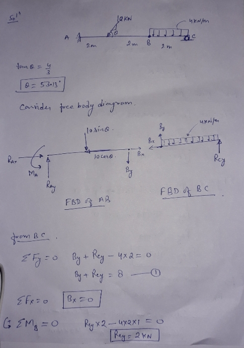 LOKN 4 kN/m A 2m tano = کا ما Q = 53.13 Courides free body diagram upallon 10 na By Bx RAY co Rey MA By Ray FBD of BC FBD B A