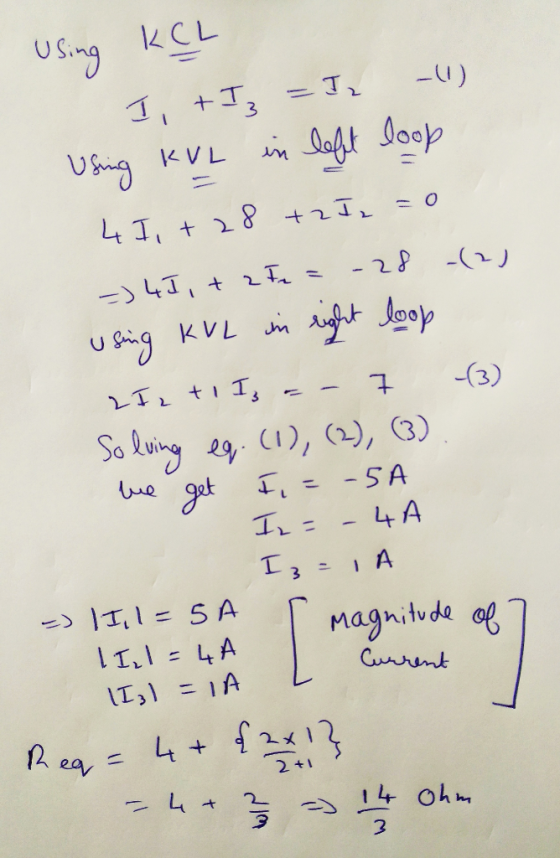 KCL using -0) - Using KUL - -(2) - It Is - Iz KVL in left loop 4 I + 28 +2 I = 0 -28 =) 4J, + 2Fe using KVL in eight loop LIL