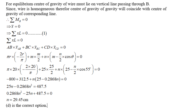 For equilibrium centre of gravity of wire must lie on vertical line passing through B. Since, wire is homogeneous therefor ce