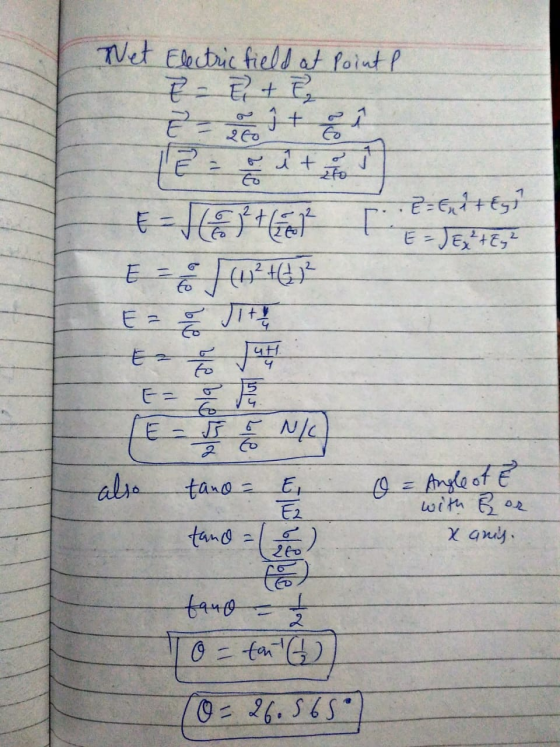 Wet Electric field at Point ? - Et .. E=Enity E = JE x² + y² EHES tem pa Eest2 462 E = 70 sitt TEENLE also tano = E = Angle o