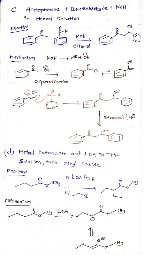 c. Acetophenone + Benzaldehyde + KOH en etanol solution Reaction ethanol Mechanism koH →ko + EH olehoren beprotection Etuenel