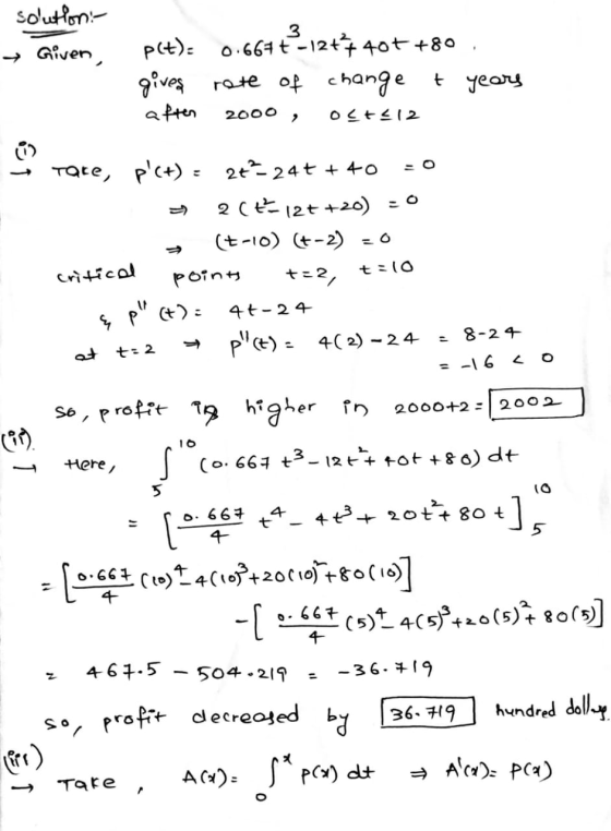 solution: → Given, 3 plt): 0.667 -12++ 404 +80 gives rate of change t years aften Oct212 2000 ☺ Tare, pic+) = 26-24t +40 2+12