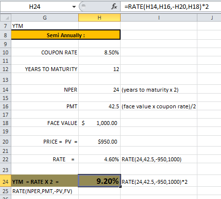 H24 fc =RATE(H14, H16,-H20, H18)*2 7 YTM Semi Annually: COUPON RATE 8.50% YEARS TO MATURITY NPER 24 (years to maturity x 2) P