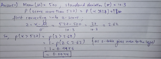 S + Answer) Mean (M)=500 standard deviation (0) 2 10.3 P (score more than 527) 2 P ( x 827) 2?810 first converting into a-sco