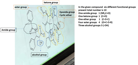 ketone group ester group OH Epoxide group Cyclic ether In the given compound six different functional groups present total nu
