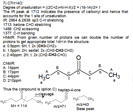 7) C7H140: Degree of unsaturation ((2C+2)+N-H-X)/2 = (16-14)/2= 1 The IR peak at 1712 indicates the presence of carbonyl and