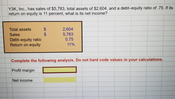 Y3K, Inc., has sales of $5,783, total assets of $2,604, and a debt-equity ratio of .75. If its return on equity is 11 percent, what is its net income? Total assets Sales Debt-equity ratio Return on equity 2,604 5,783 0.75 11% Complete the following analysis. Do not hard code values in your calculations. Profit margin Net income
