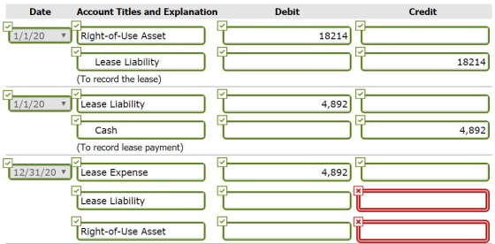 Date Account Titles and Explanation Debit Credit 1/1/20 | Right-of-Use Asset 182141 T 18214 Lease Liability (To record the le