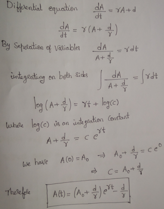 Differential equation dA = VA+d da = (A+) By Seperation of variables da ardt At of integrating on both sides , dA = (xdt J At