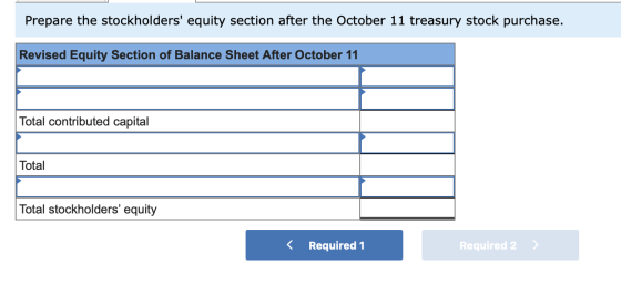Prepare the stockholders equity section after the October 11 treasury stock purchase. Revised Equity Section of Balance Shee