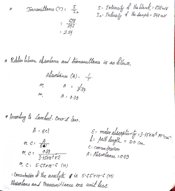 s Transmittamce (T). I 1- Intensity of the blank - 628m2 To: Intensity of the sampler 247 ml = 2.54 * Relatim beliren absorba