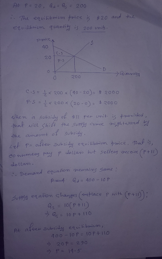 At P = 20 Qd = G = 200 the .. The equilibrium price is $20 and equilibrium quantity is 200 units. price A 40 20 P.S - Quantit