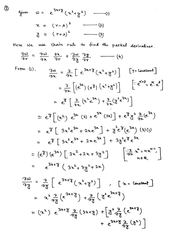 ven 8 o even w = e 3x+y (x² + y2) x= (r-8)2 y = (r+s)? - Here we use chain rule to - (2) find the partial derivatives. OX 2 1