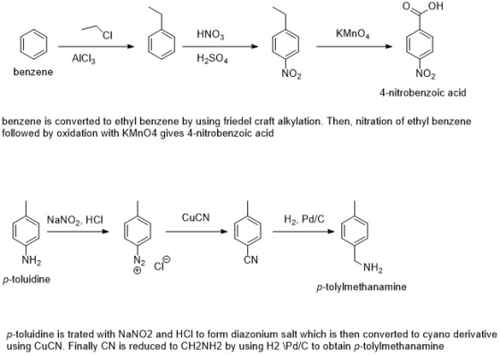 О, ОН HNO3 KMnO4 AICI: H2SO4 benzene NO NO2 4-nitrobenzoic acid benzene is converted to ethyl benzene by using friedel craft