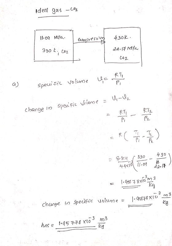 Ideal gas - Cos lloa mpa. 430K lempiressing 330 K., 20.17 Molla CO2 Co2 RT va PI a) Specific volume = change in In spenfic Vo