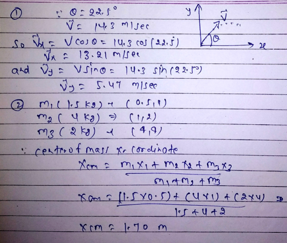 So wa > 0:225° У Ñ= 143 misec 제 Voso = 14.3 cos (22. f) Jr a 13.21 m/see and Wya Usino = 14.3 sm (225) y = 5.47 ml see M, Uls