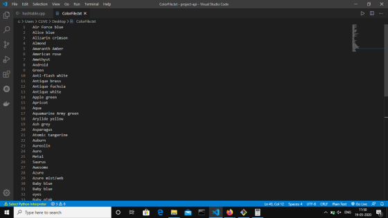 File Edit Selection View Go Run Terminal Help ColorFile.txt - project-api - Visual Studio Code х 0 - go C- hashtable.cpp E Co