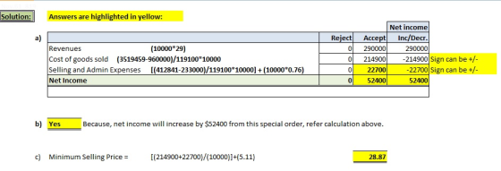 Solution: Answers are highlighted in yellow: Reject 0 o Revenues (10000*29) Cost of goods sold (3519459-960000)/119100*10000