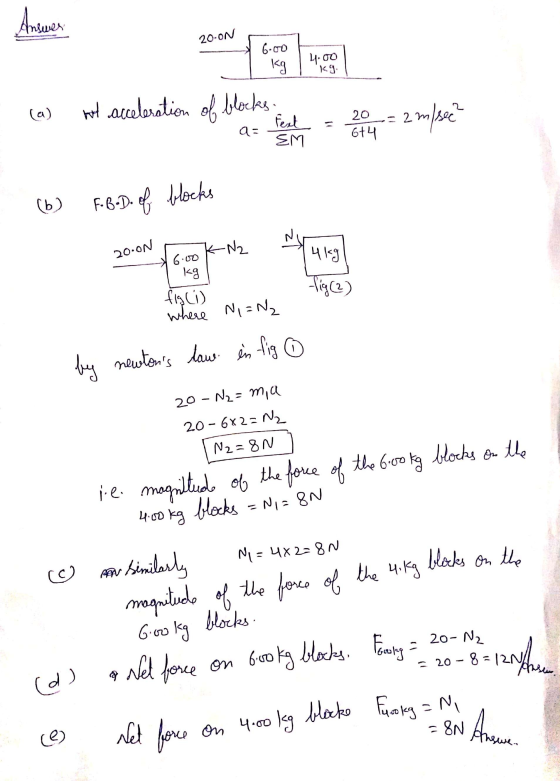 Answer 20-0N 6.00 Kg 4.00 kg. la) woh acceleration of blocks. 20 6+4 - 2 Fest EM m/sec as (6) F-B-D. ef blocks 20.00 -N2 4 kg