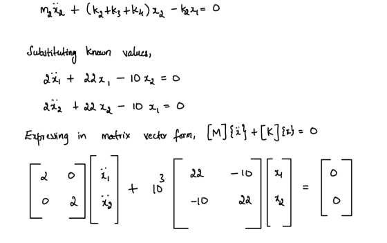 Maža + (ką tkz tkx) 22 - K24 = 0 Substituting known values, zäit 22x, 10 L2 = 0 aäg + 22x2 10 X, = 0 Expressing in matrix rec