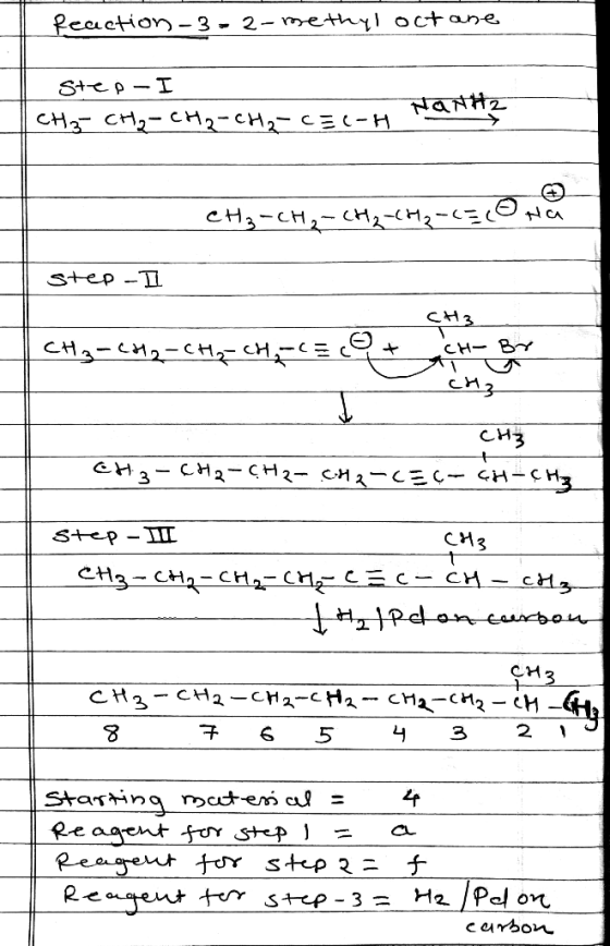Reaction-3-2-methyl octane step-I CH3 CH₂-CH2-CH₂-CEl-H Han сH, -сH, – н,-cң,-c=ени step-D CH3 CH₃-CH2 - CH₂ - CH, CE Q+ CH B