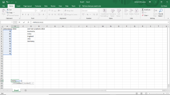 日勺. Book1 - Excel Ashish Shrivastav 0 × Insert Page Layout Formulas Data Review View Help Team Tell me what you want to do Cu