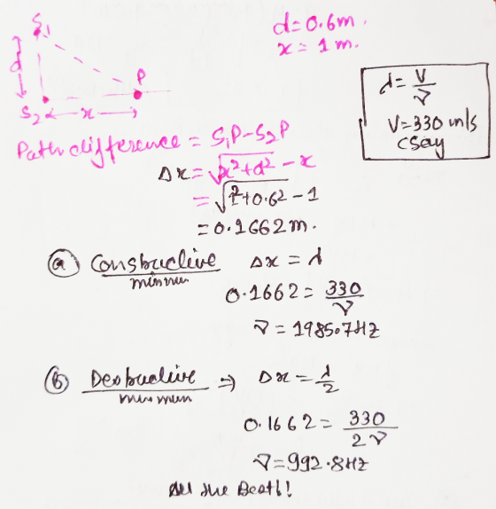 d-0.6m. X. Im. da V=330 inls csay Szan Path difference = S,p-sap Dreator-x 2+0.62-1 0.1662m (a) Consbuclive Ax=d 0.1662 - 330