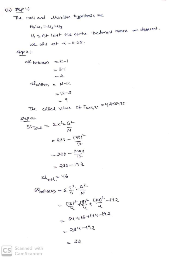 b) steps: The null and stuntive hypothesis are Hoill, =lylz trecement means are different. Ho At least we will set one of the