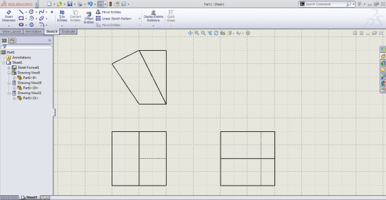 BS SOLIDWORKS Part1 - Sheet1 Search Commands ? PX Smart Dimension 700 A Mirror Entities Trim Convert offset to Linear Sketch
