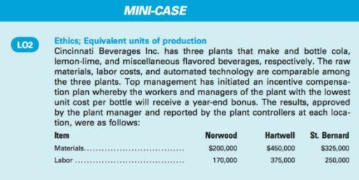 MINI-CASE Ethics; Equivalent units of production Cincinnati Beverages Inc. has three plants that make and bottle cola, lemon-lime, and miscellaneous flavored beverages, respectively. The ravw materials, labor costs, and automated technology are comparable among the three plants. Top management has initiated an incentive compensa- tion plan whereby the workers and managers of the plant with the lowest unit cost per bottle will receive a year-end bonus. The results, approved by the plant manager and reported by the plant controllers at each loca- tion, were as follows: Item LO2 Norwood Hartwell St. Bernard $325,000 250,000 $200,000 $450,000 170,000 375,000