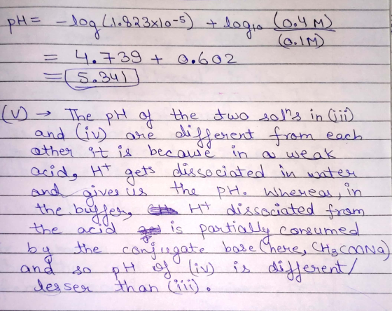 pH = -log Llog (1.823x10-5) + legio = 4.739 + 0.602 = 5.34) (0.4M) (6.IM) امیلیا به us - The pH of the two solis in ii) and (
