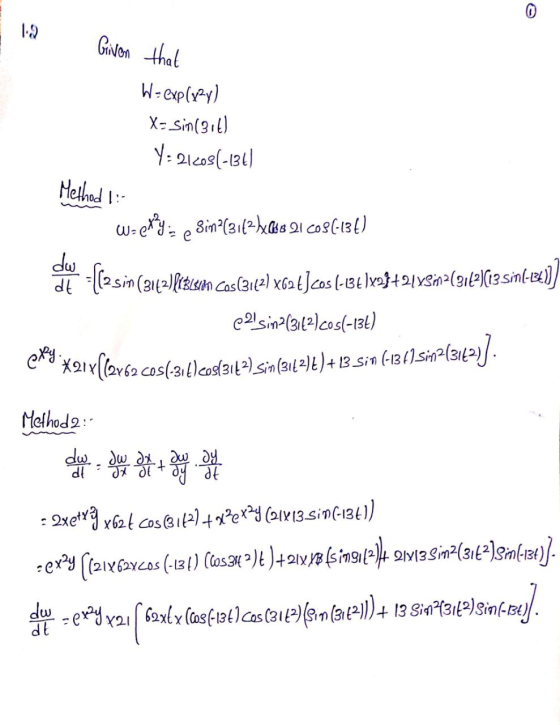1 2 Given that W= explx2y) X= sin(316) Y=21603(-134) Method :- w-exy in a sin?(31628x68 21 C0SC-13€) 142){tBuim Cos (3142) X6