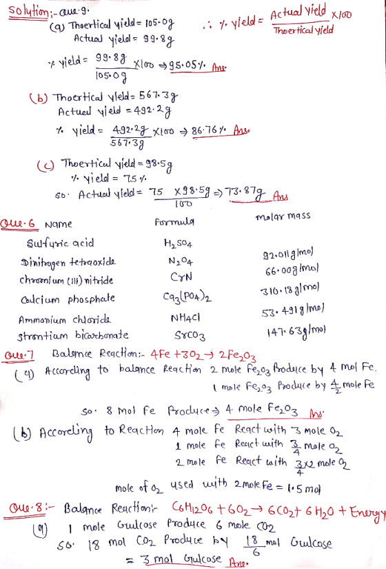 92.011 gimo) solution ;-que. vield - Actual yield x 100 Coy Thoertical yield = 105-09 Theertical Yield Actual yield = 99.89 -