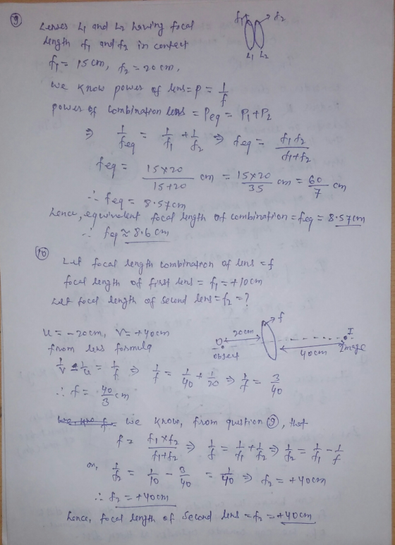 2 La Leroes he and he having focal dength of and for in confect cm, fo = 20cm, we Know poыл» у 4 = p = 1 power of combinatio