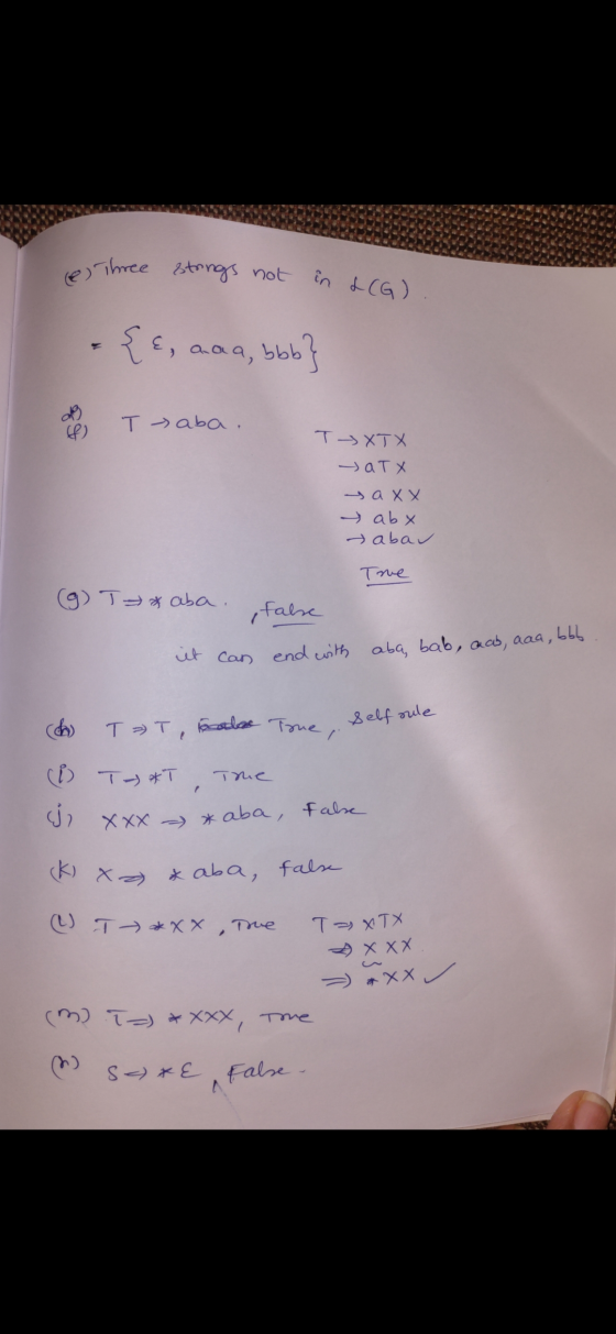 o Three strongs not in LCG) {s, aaa, bbb} a Taba. TXTX - ATX saxx abx dabaſ Time (g) T xaba. , false it can end with aba, bab
