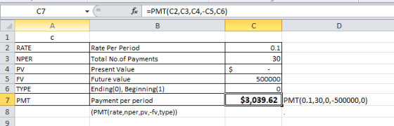 e fic =PMT(C2,C3,C4,-C5,C6) в 1 2 RATE 3 NPER 4 PV 5 FV 6 TYPE PMT Rate Per Period Total No.of Payments Present Value Future