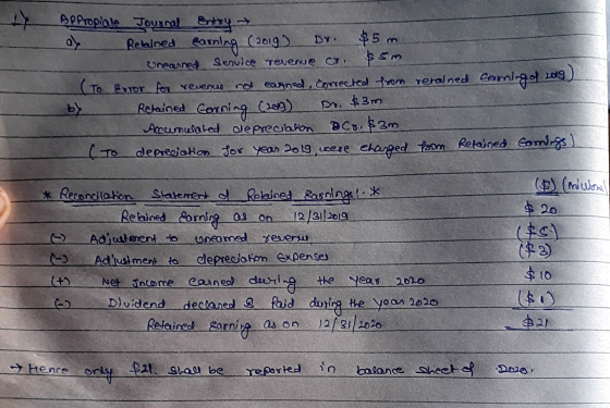 Dr. 2019) Appropicale Journal Entry Retained earning (2019) $5 m Greanned Service revenue Cy. $ 5m ( (To Error for revenue no
