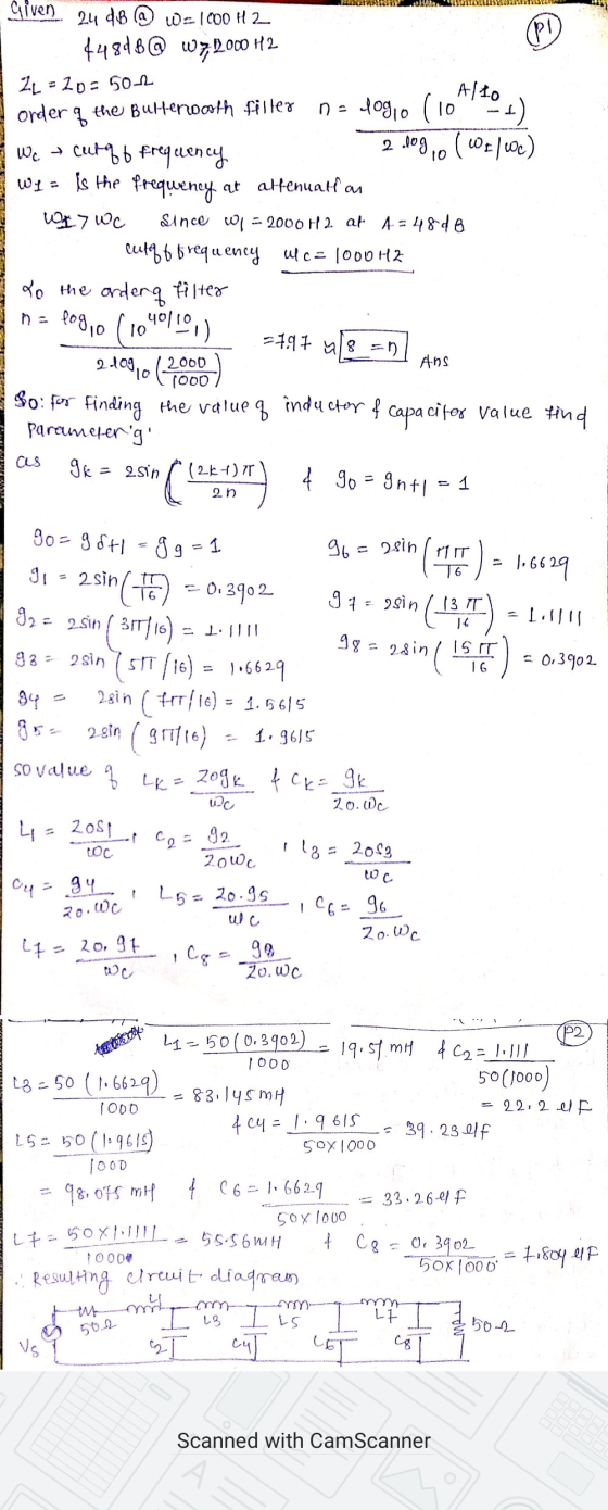 natin (P) Given 24 dB @ w = 1000 H 2 44848@ w7;2000 H2 24 = 20 =502 Alto order of the Bultenoooth filled n=10910 (10 401) We