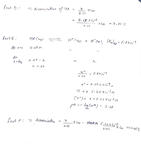 Part Ot % dissociation of HA - x xlvo 0.11 8.65 X 103 -xlo 0:11 e 7.86% parte: Hat (as) == Hit Caq) + A (a), (KHA 638X15 Ab
