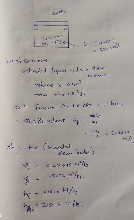 200 kPa V.0.4m² mas 1.8 kg 6 w = (1.7x120) = 204 walt initial Conditions: saturated liquid water & steam mixture. volume v=0.
