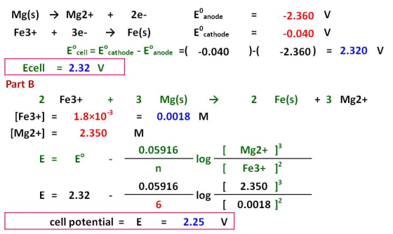 Mg(s) + Mg2+ + 2e- e°anode = -2.360 V Fe3+ + 3e- → Fe(s) Eºcathode = -0.040 V Eºcell = Eºcathode - E°anode =( -0.040 D-1 -2.3