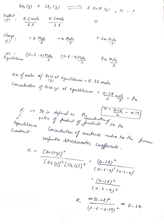 Br, (g) + Cl (g) = 2 Boch cy) , K = 2 Initial (I) : 0.6male 1 o. Gmole Il G -x Mode - Male - 2 Mole + 24 Mole (6) : Equilibri