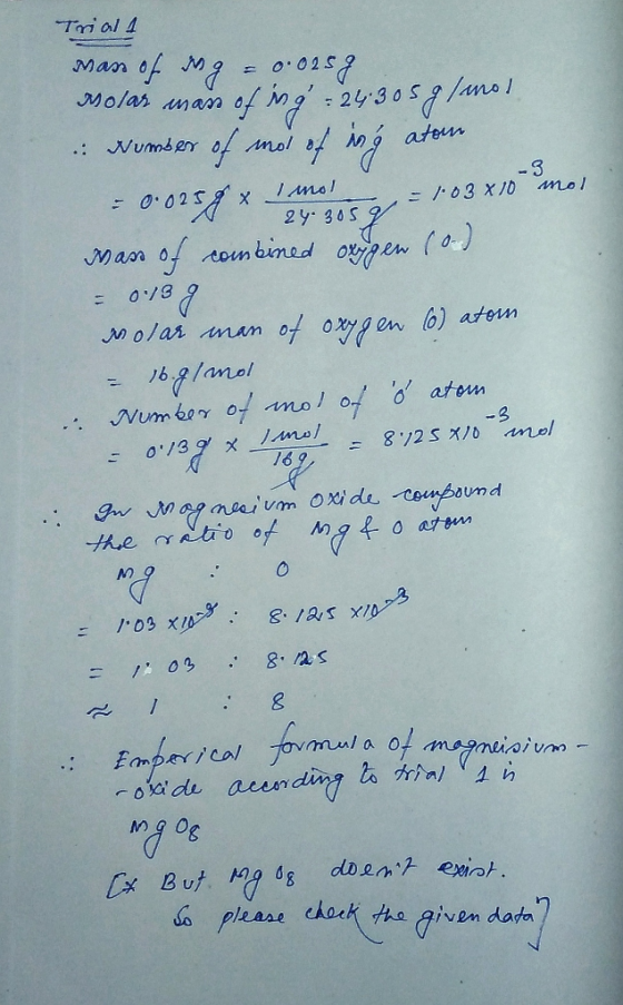 Trial1 V . mass of dag = 0.0258 Molar mass of ing=24305 g/mol Number of mol of ing aton = 0.0258 x 1 mol = 1:03x10 mot 24.305
